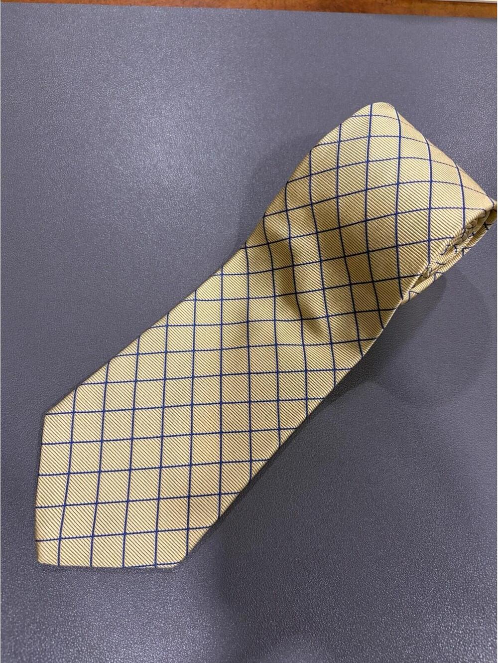 Brooks Brothers Makers 100% Silk Tie Necktie Gold W/ Navy Blue Grid Pattern T2